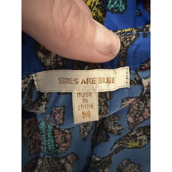 Skies Are Blue Dress Womens Medium Blue Floral Cold Shoulder Boho Fit Flare - Picture 13 of 14